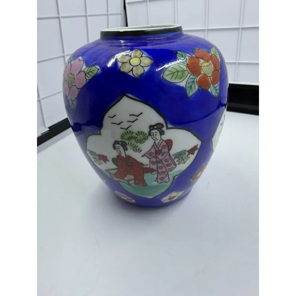 Antique Enameled Japanese Porcelain Vase, Cobalt Blue, Flowers Birds Dragon VTG